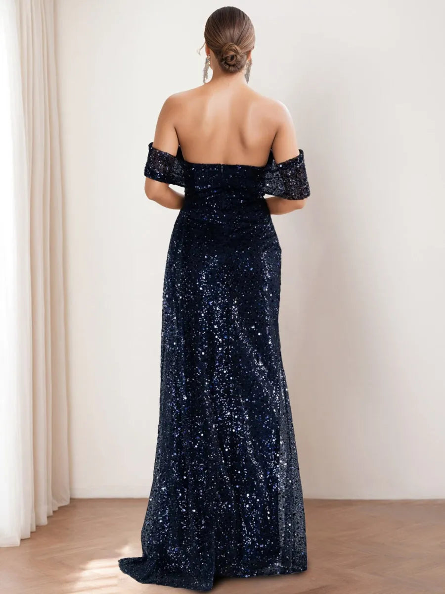 Off-the-shoulder Sequined Mother of the Bride Groom Dresses with Split Front
