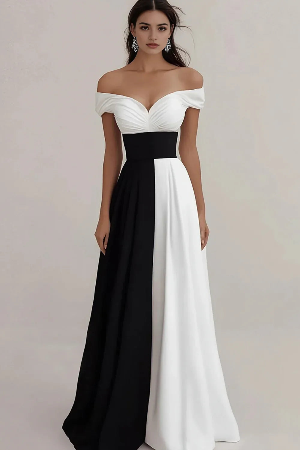 Off The Shoulder A Line Black And White Formal Dress ?