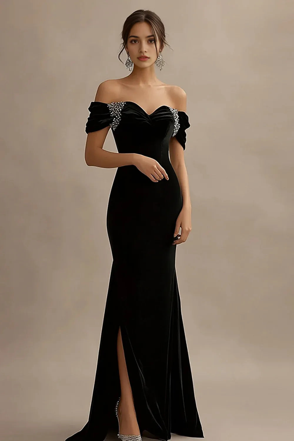 Off The Shoulder Black Mermaid Evening Dress with Beading