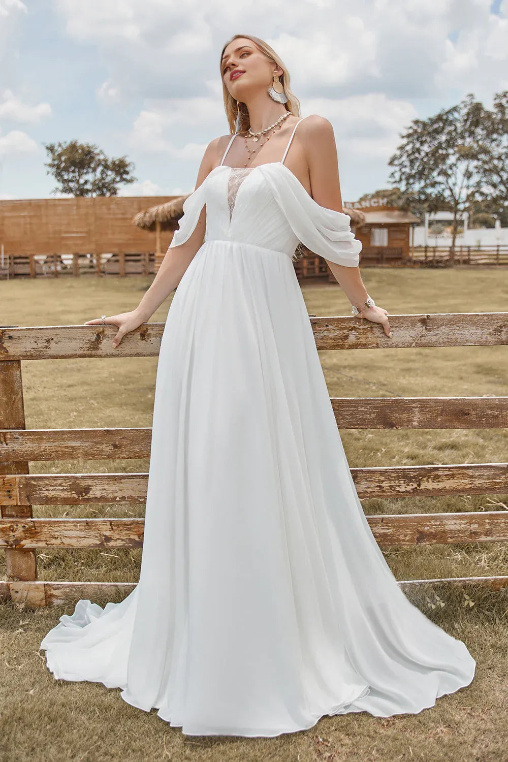 Off The Shoulder Ivory Chiffon Ruched A Line Wedding Dress