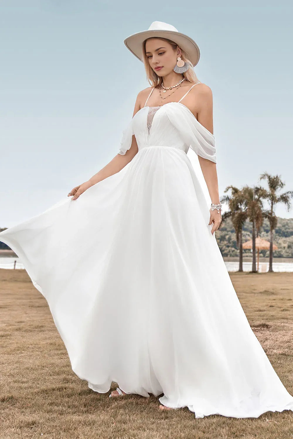 Off The Shoulder Ivory Chiffon Ruched A Line Wedding Dress