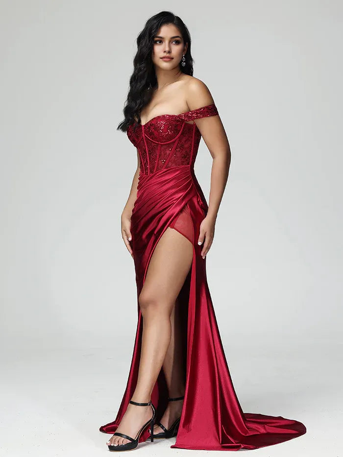 Off The Shoulder Mermaid Strapless Prom Dress With Slit