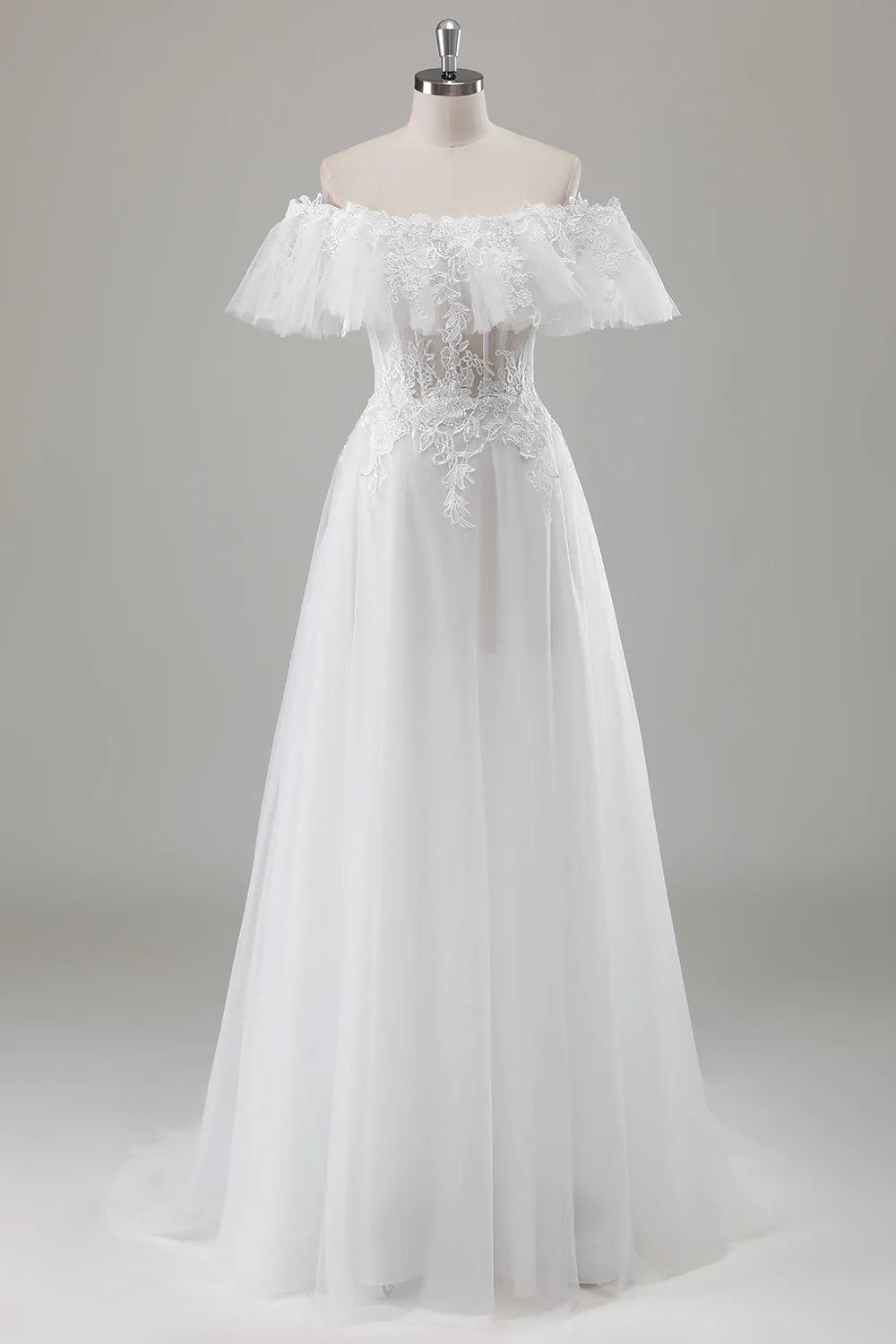 Off the Shoulder A-Line Wedding Dress with Appliqued Lace
