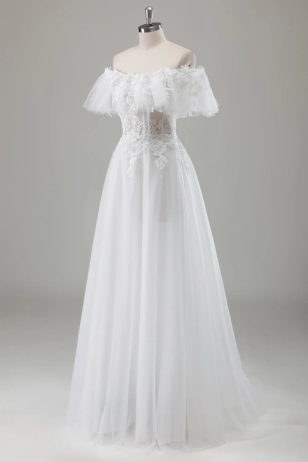 Off the Shoulder A-Line Wedding Dress with Appliqued Lace