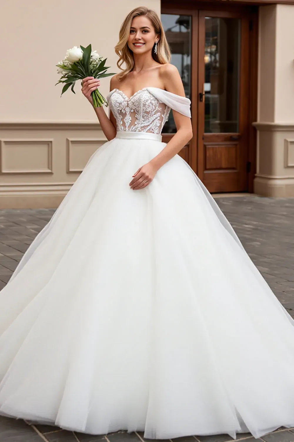 Off the Shoulder Ball Gown Long Wedding Dress with Lace ﻿