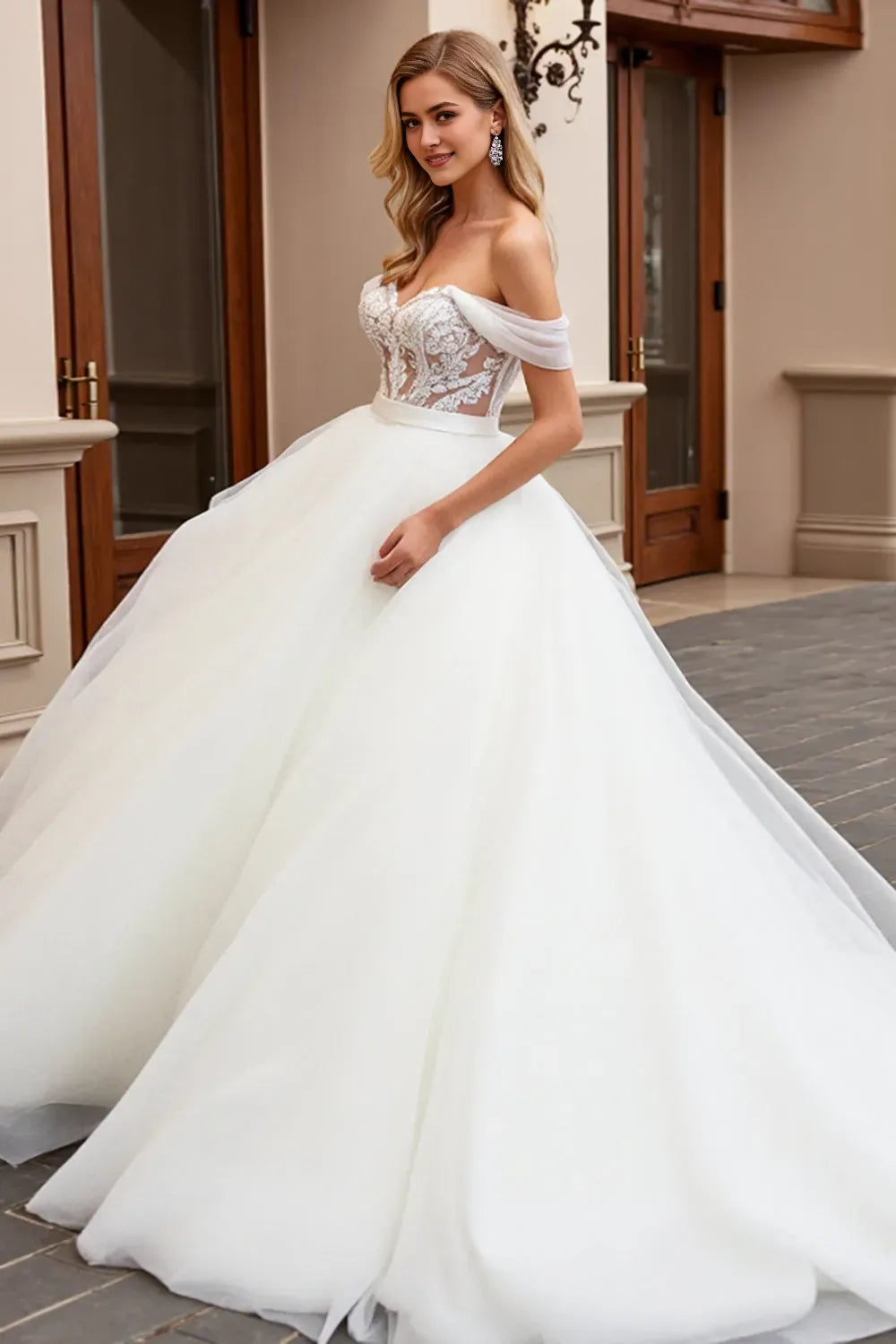 Off the Shoulder Ball Gown Long Wedding Dress with Lace ﻿
