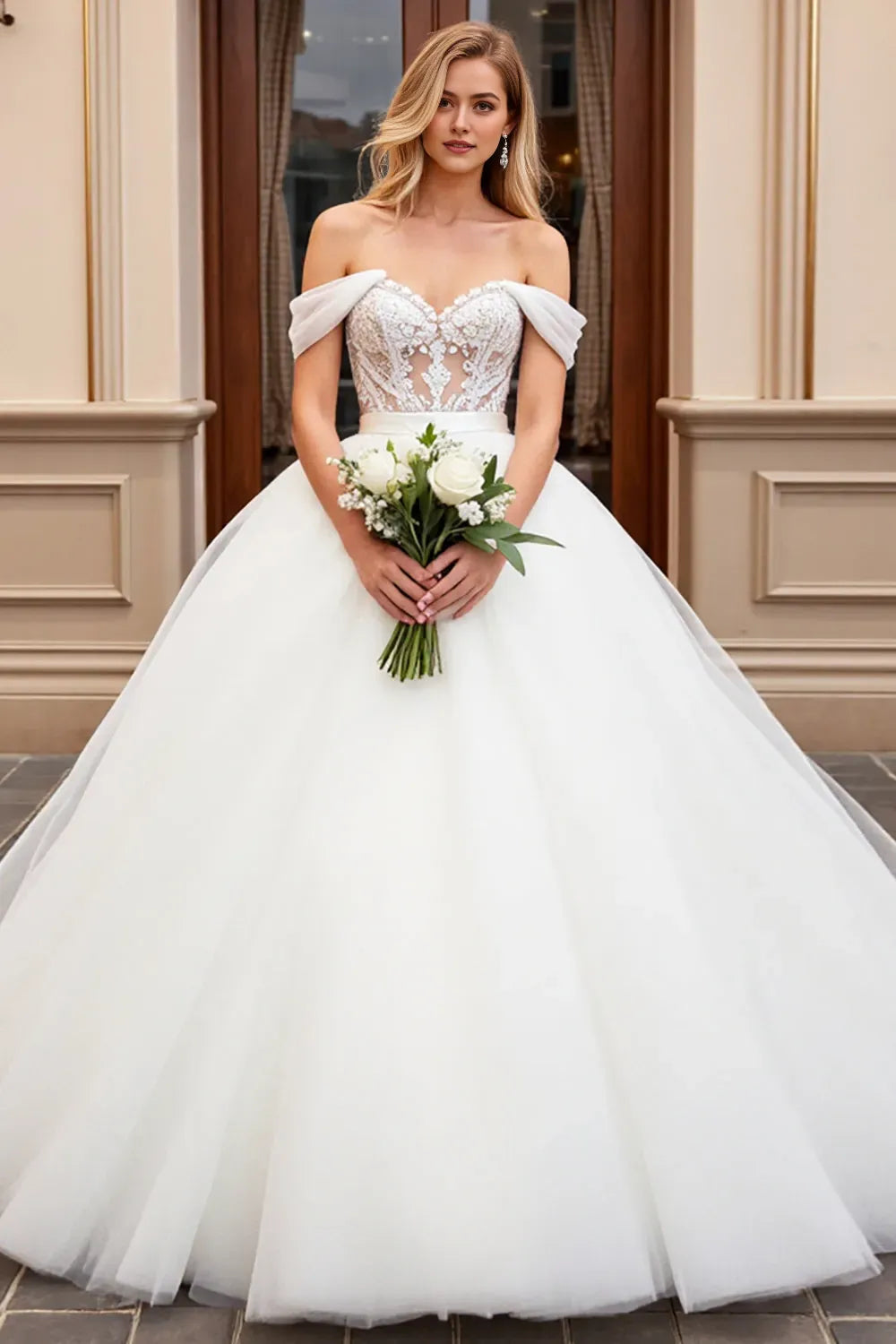 Off the Shoulder Ball Gown Long Wedding Dress with Lace ﻿