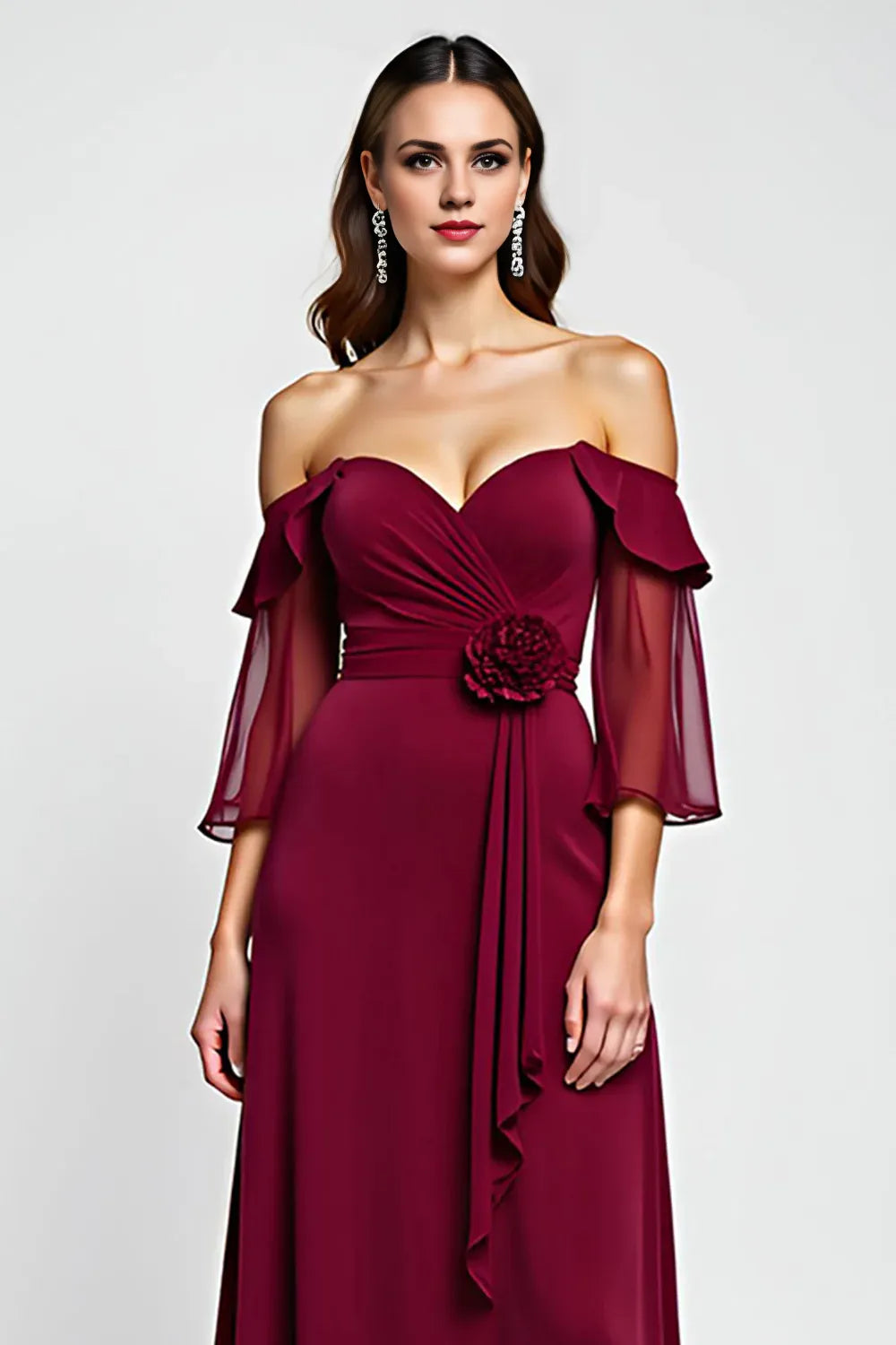 Off the Shoulder Burgundy Floral Mother of the Bride Dress
