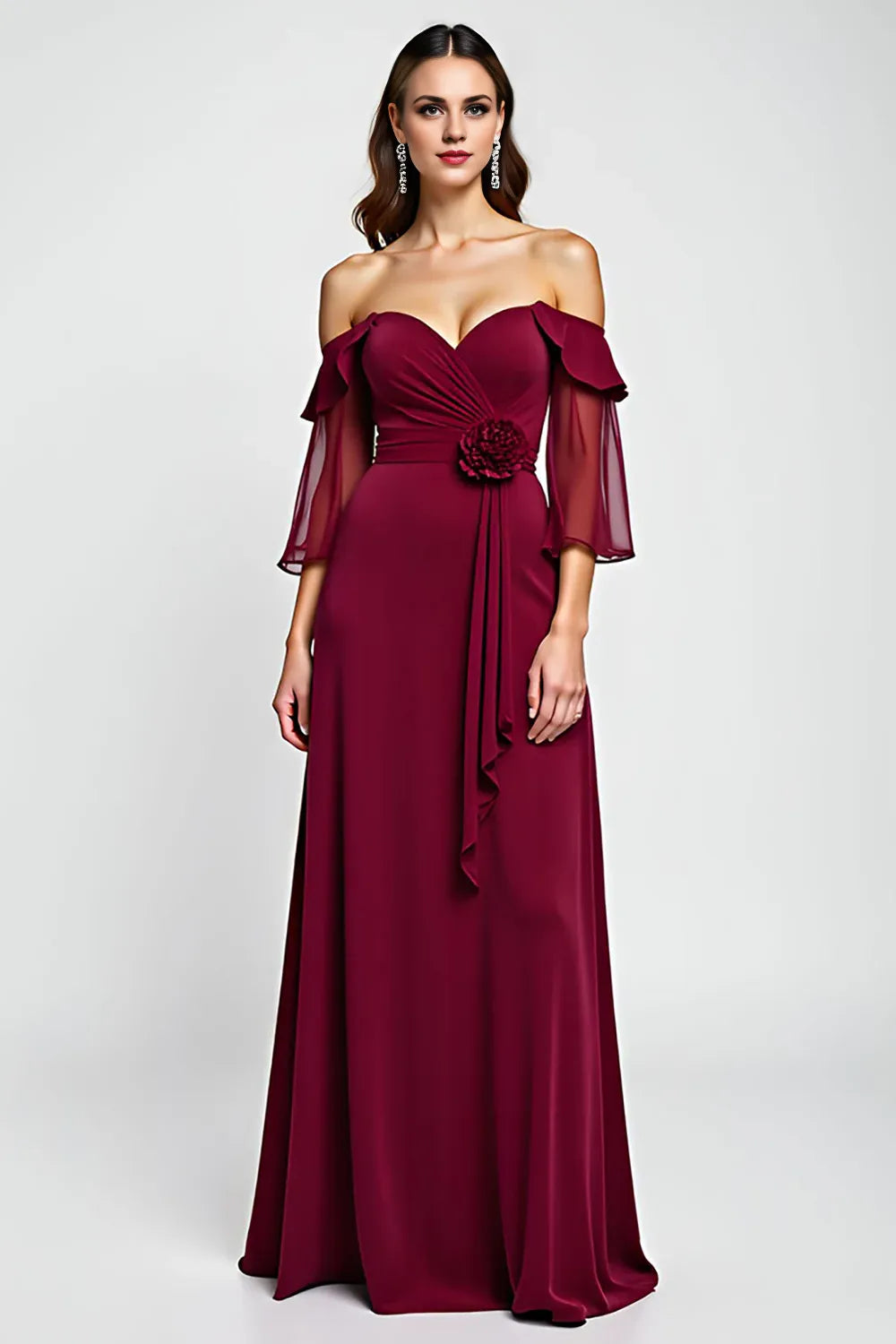 Off the Shoulder Burgundy Floral Mother of the Bride Dress