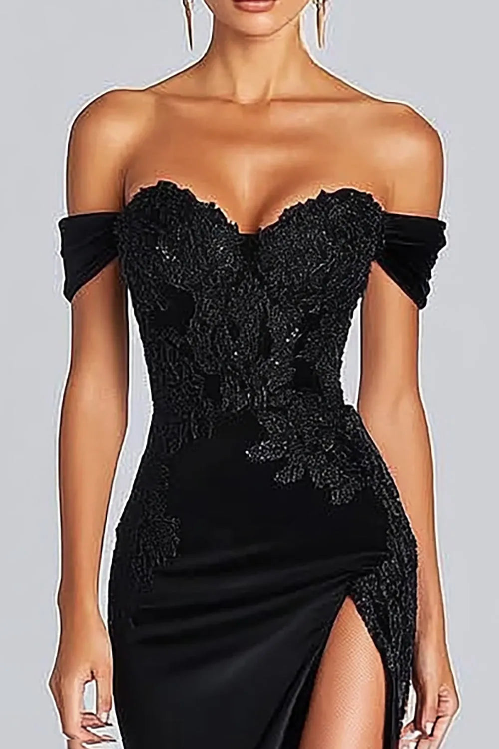 Off the Shoulder Long Satin Black Evening Dresses with Slit