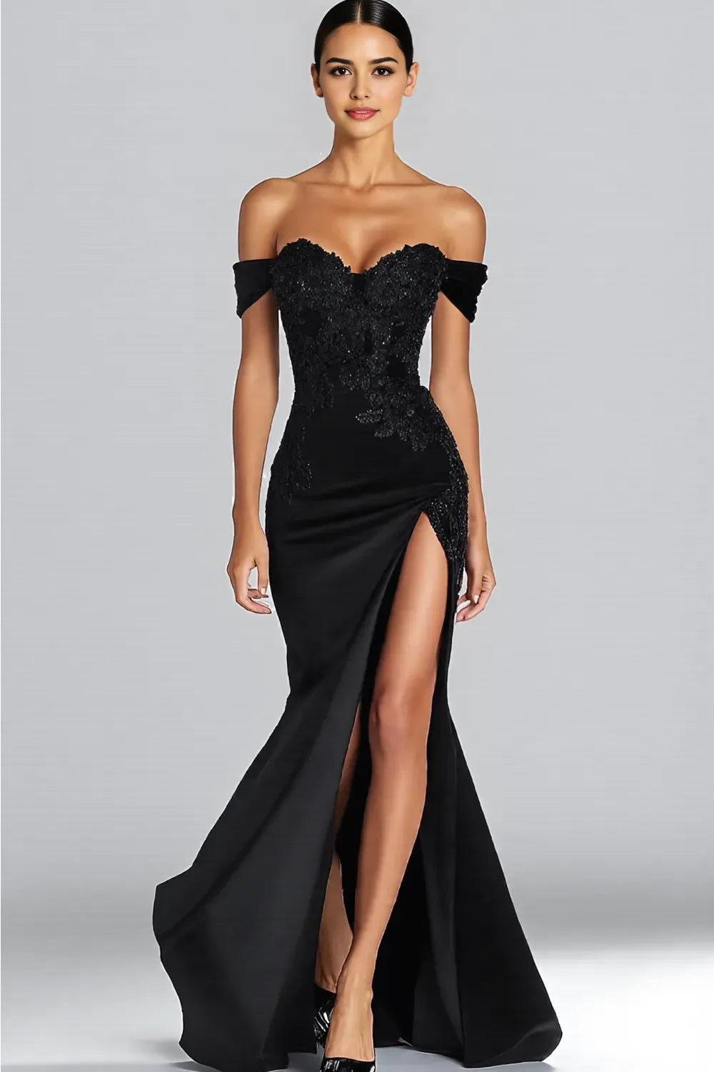 Off the Shoulder Long Satin Black Evening Dresses with Slit