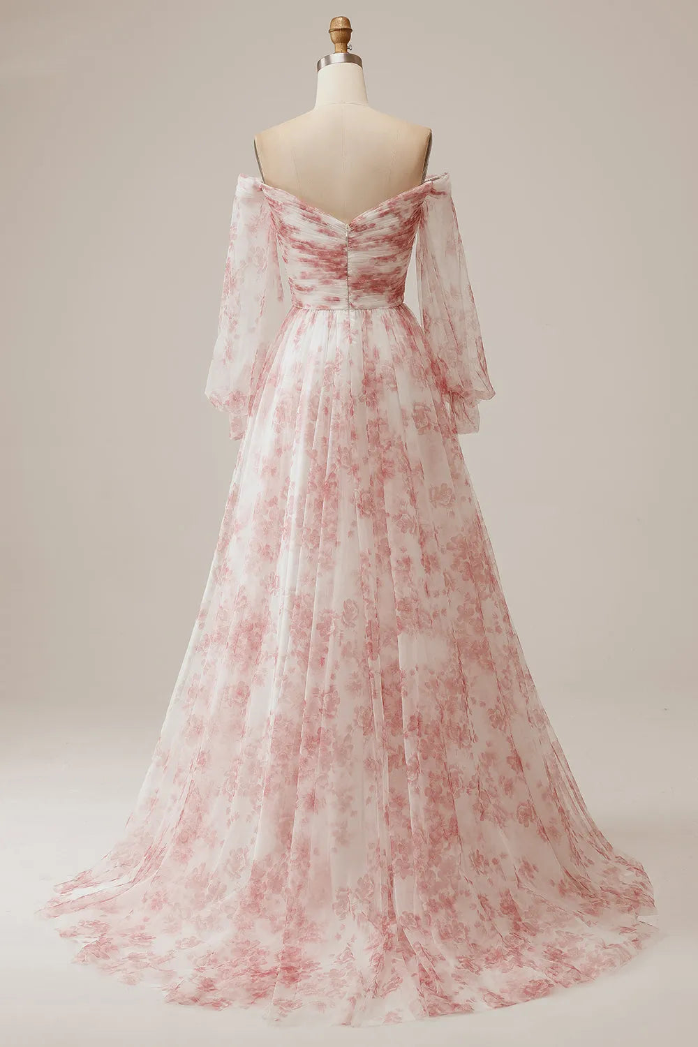Off the Shoulder Pleated Floral Wedding Dress with Long Sleeves