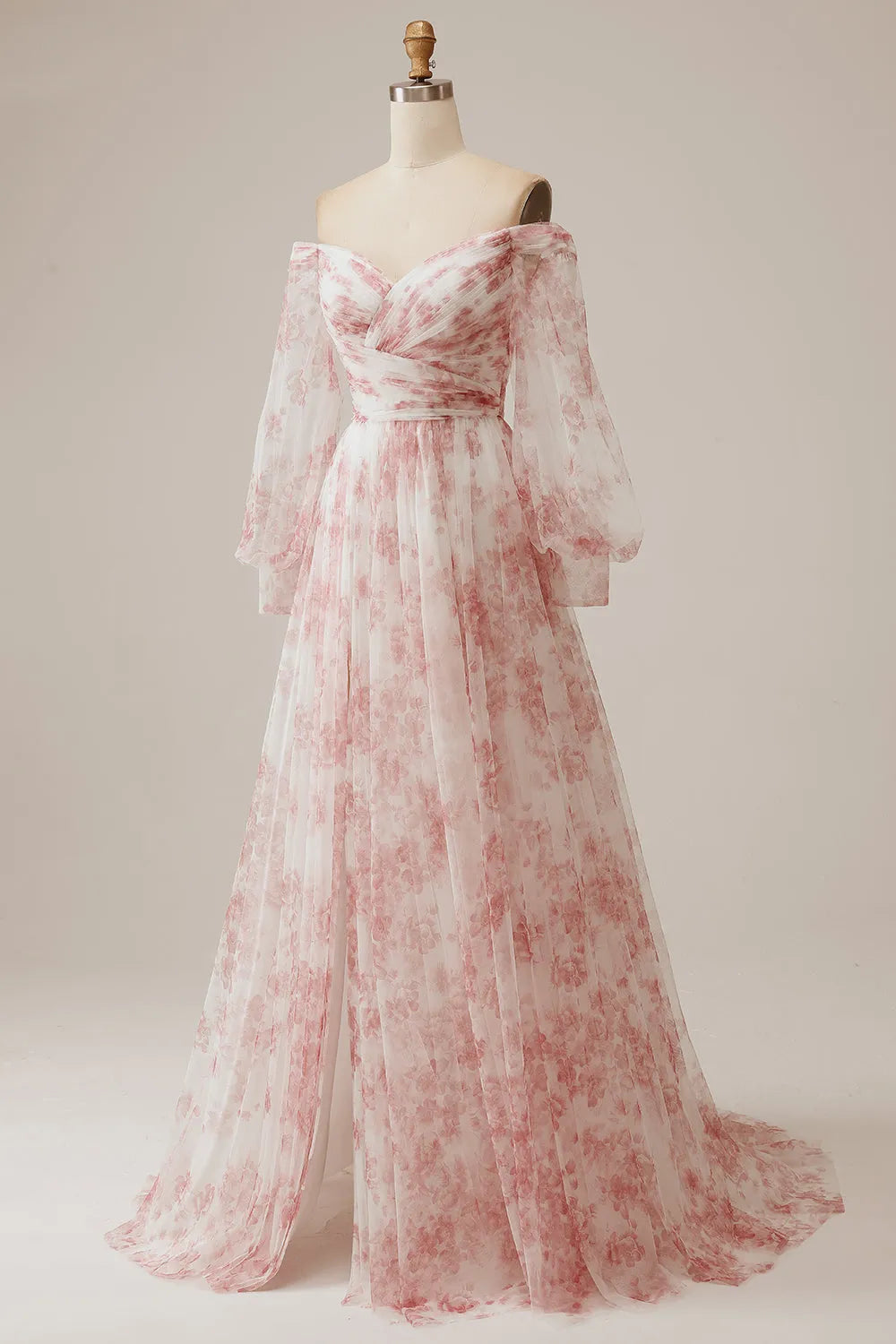 Off the Shoulder Pleated Floral Wedding Dress with Long Sleeves