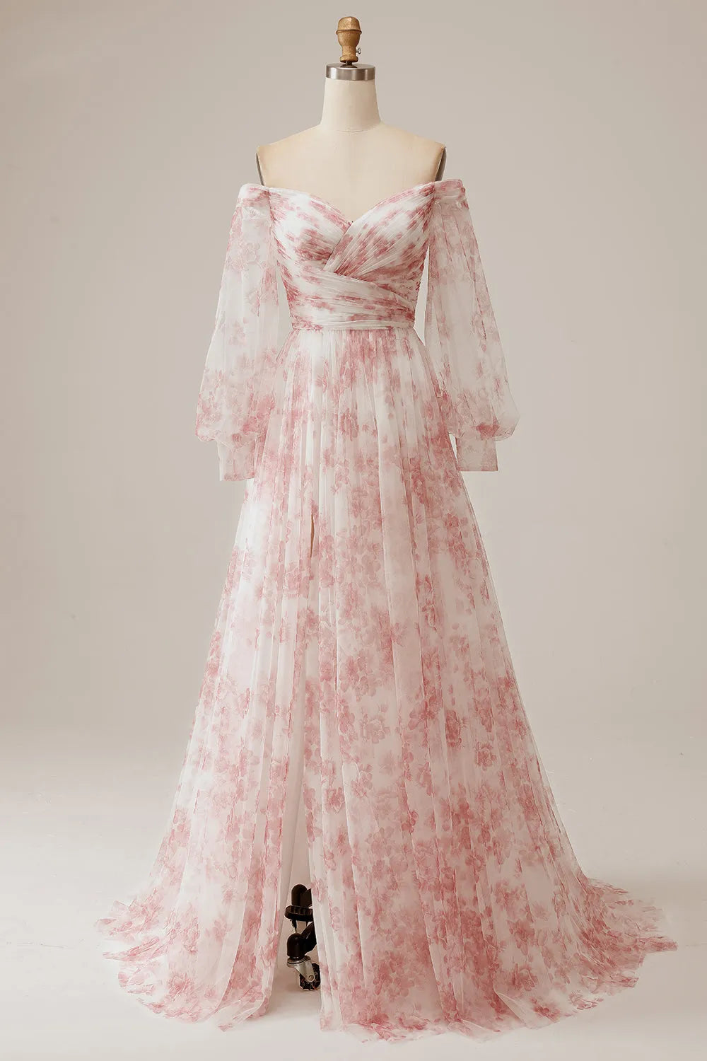 Off the Shoulder Pleated Floral Wedding Dress with Long Sleeves