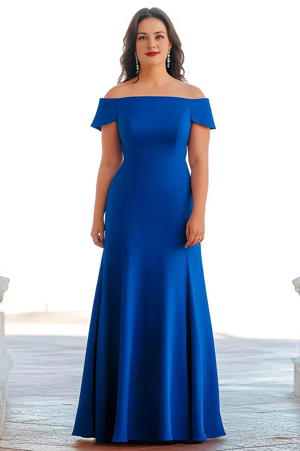 Off the Shoulder Royal Blue A Line Satin Long Mother of the Bride Dress ﻿
