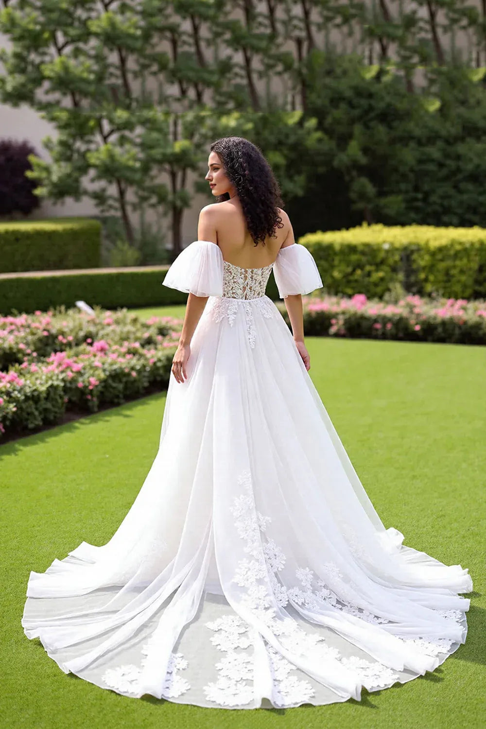 Off the Shoulder Tulle Corset Sweep Train Wedding Dress with Lace