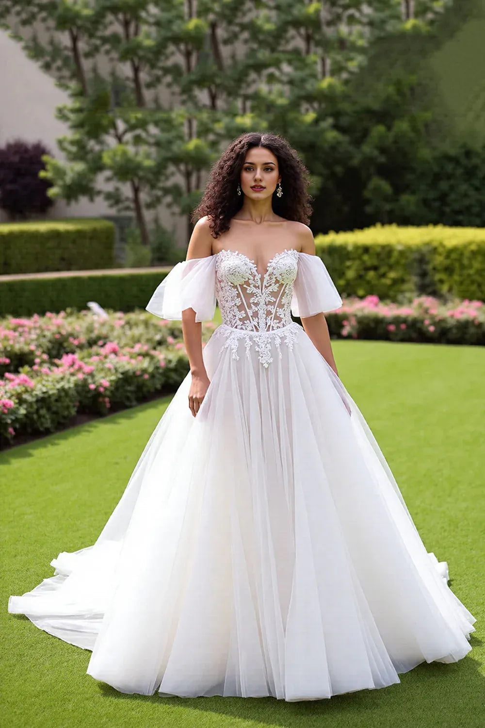 Off the Shoulder Tulle Corset Sweep Train Wedding Dress with Lace