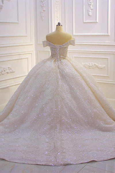 Off the shoulder Champange Puffy ball Gown Sparkle Wedding Dress