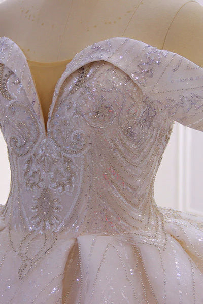 Off the shoulder Champange Puffy ball Gown Sparkle Wedding Dress