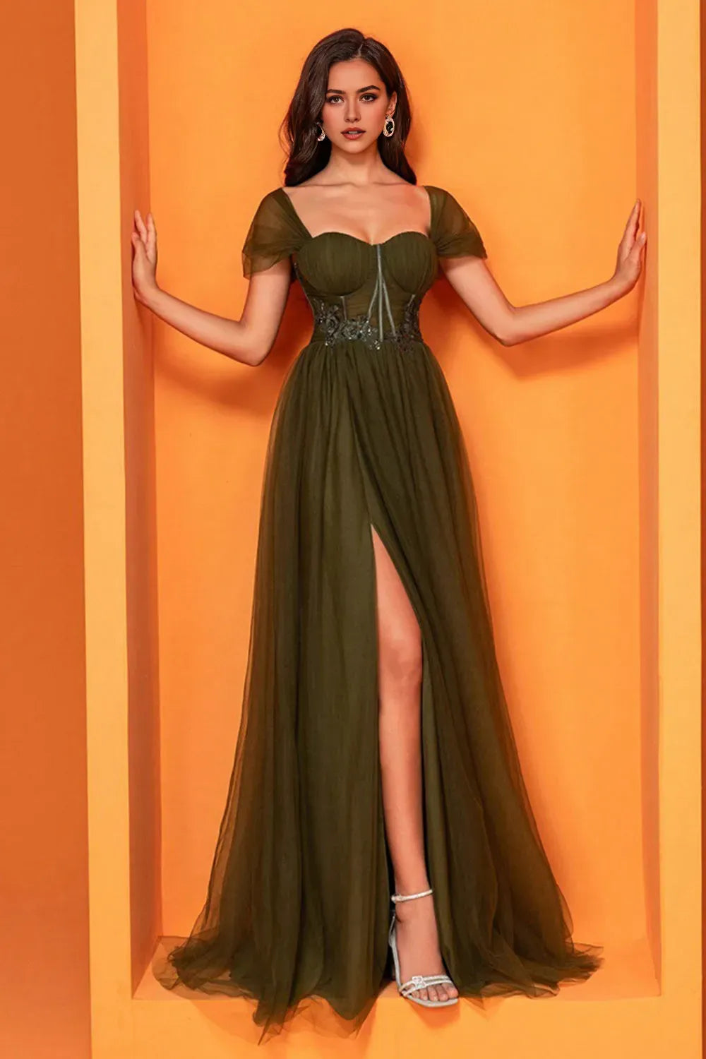 Olive Corset A Line Long Mother of the Bride Dress with Slit