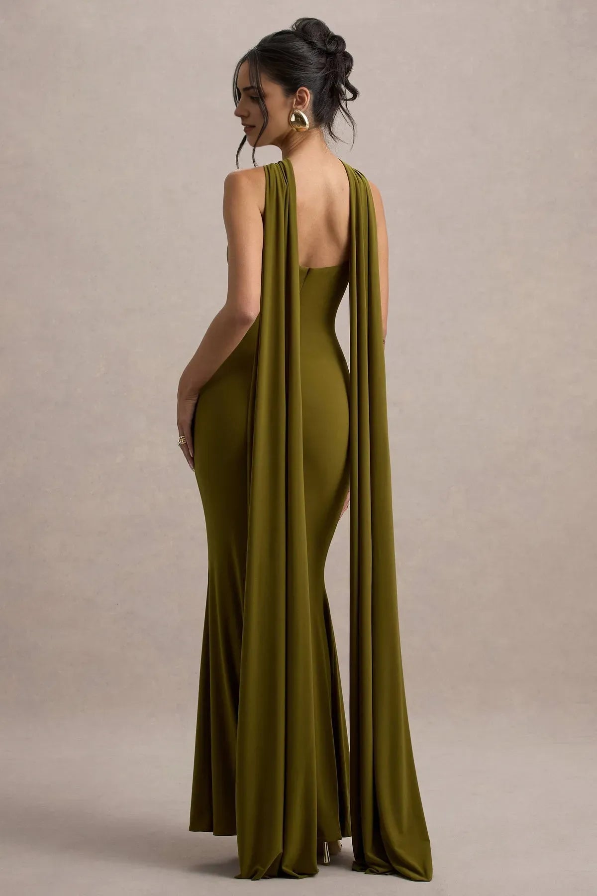 Olive Green Halter Neck Mermaid Prom Dress with Cape Sleeves and Cut - Out Detail for Glamorous Events