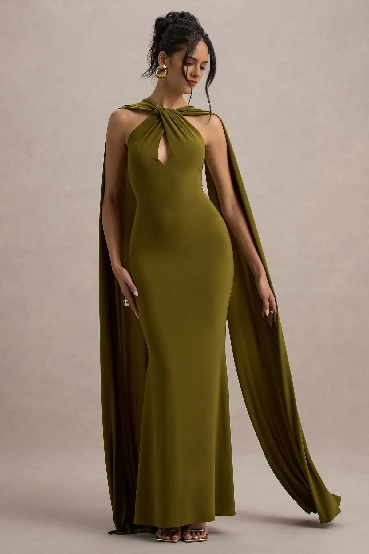 Olive Green Halter Neck Mermaid Prom Dress with Cape Sleeves and Cut - Out Detail for Glamorous Events