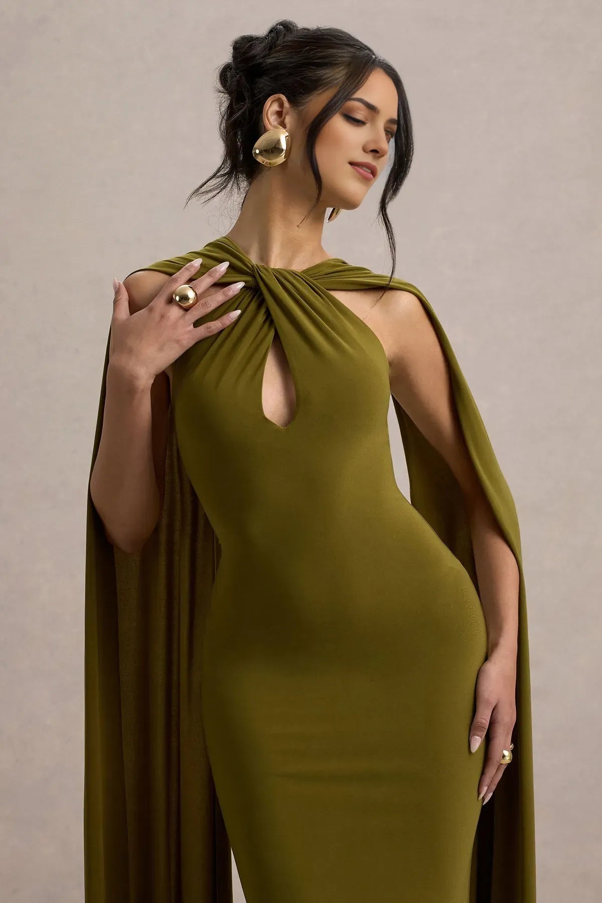 Olive Green Halter Neck Mermaid Prom Dress with Cape Sleeves and Cut - Out Detail for Glamorous Events