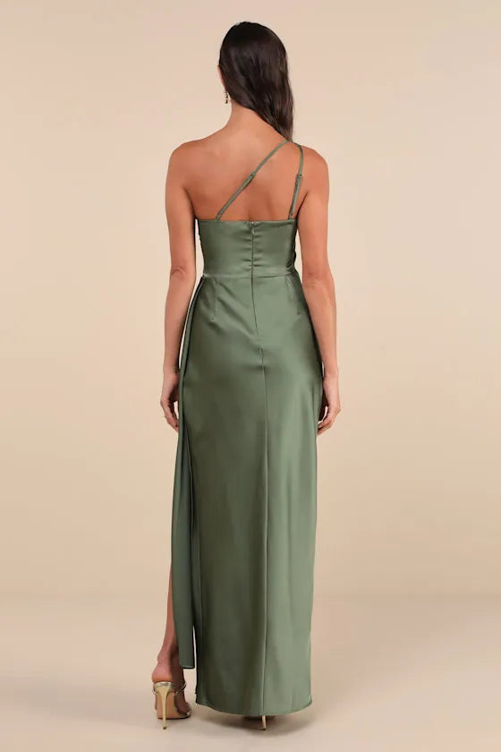 Olive Green One Shoulder Satin Gown with Draped Detail and Side Slit for Elegant Prom Nights