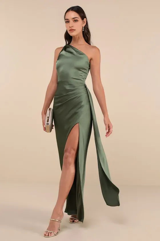 Olive Green One Shoulder Satin Gown with Draped Detail and Side Slit for Elegant Prom Nights