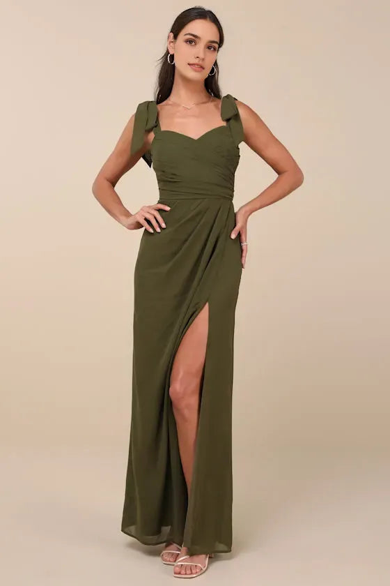 Olive Green Prom Dress with Bow Straps Sweetheart Neck Wrap Ruches and Side Slit for Evening Glamour