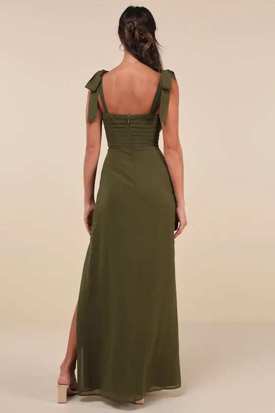 Olive Green Prom Dress with Bow Straps Sweetheart Neck Wrap Ruches and Side Slit for Evening Glamour
