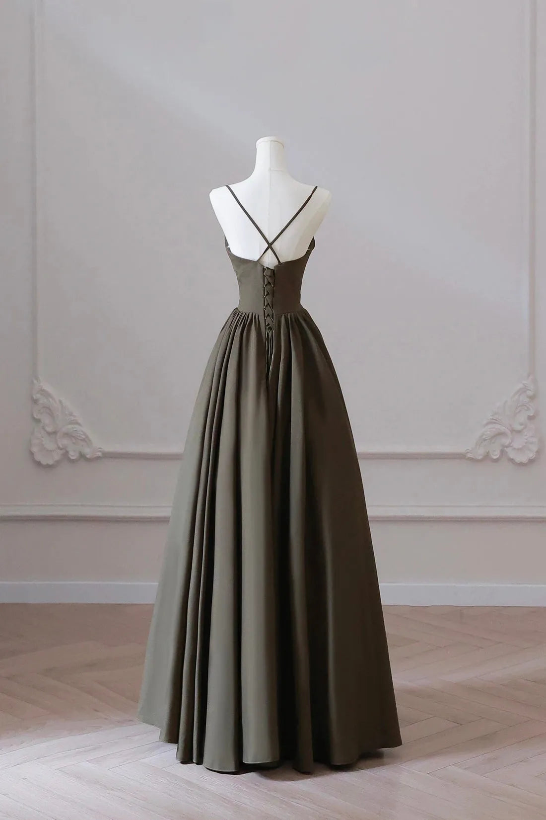 Olive Green Spaghetti Strap Satin Long Prom Dress A-Line V Neck Party Dress