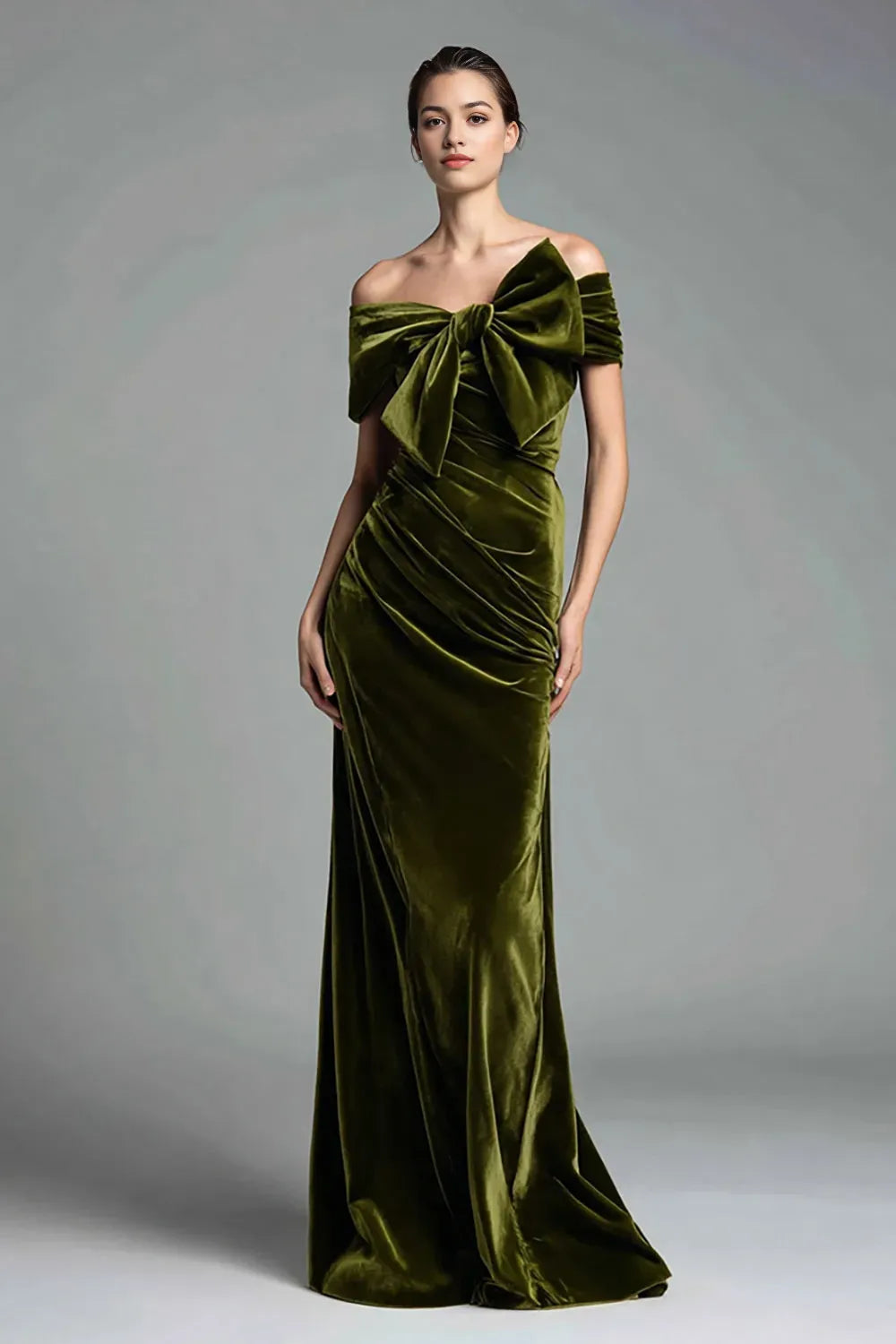 Olive Velvet Ruched Sheath Long Holiday Party Dress with Bow