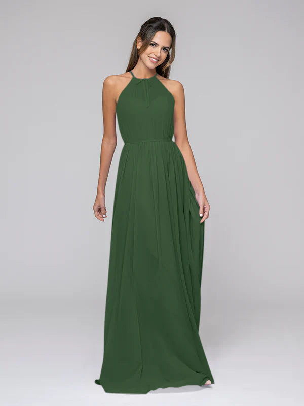 DingJiDress Long Chiffon Halter Bridal Party Dresses With Pleated Bodice Bridesmaid Dresses