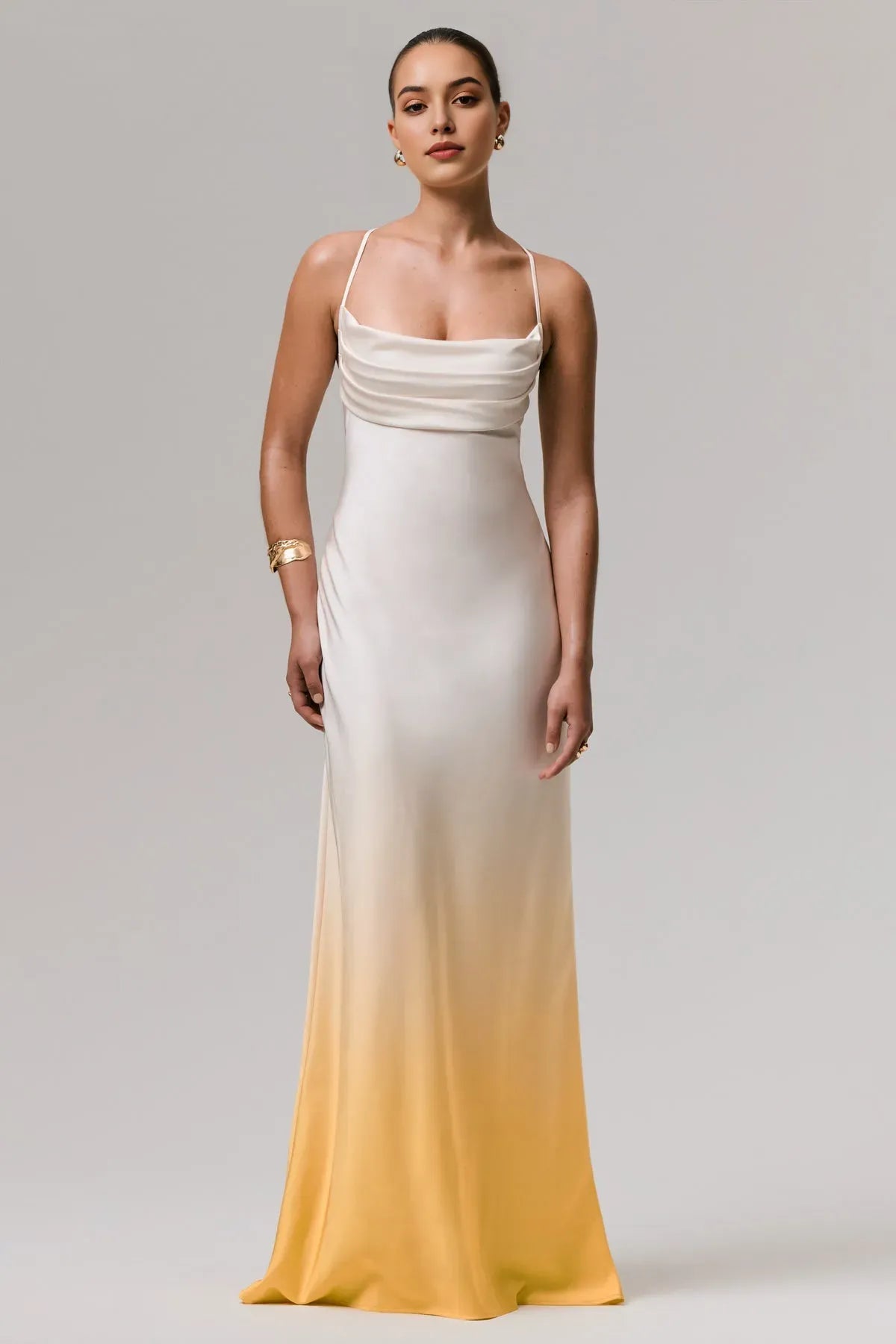 Ombre Satin Cowl Neck Prom Dress with Spaghetti Straps for Elegant Evening Looks