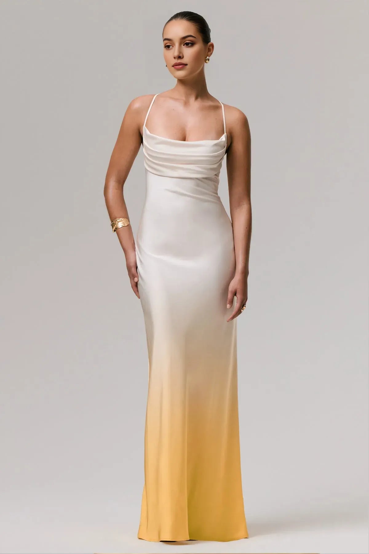 Ombre Satin Cowl Neck Prom Dress with Spaghetti Straps for Elegant Evening Looks