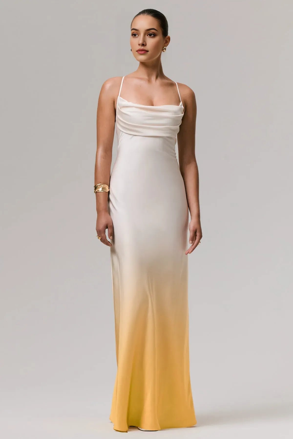Ombre Satin Cowl Neck Prom Dress with Spaghetti Straps for Elegant Evening Looks
