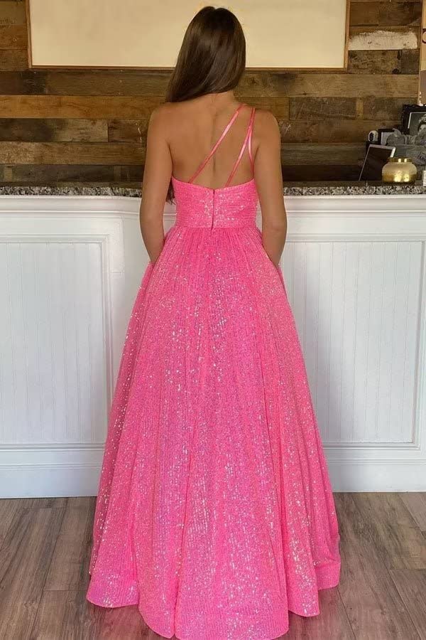 DingJiDress Prom Dresses One Shoulder Sequin Long with Pockets Sparkly A Line
