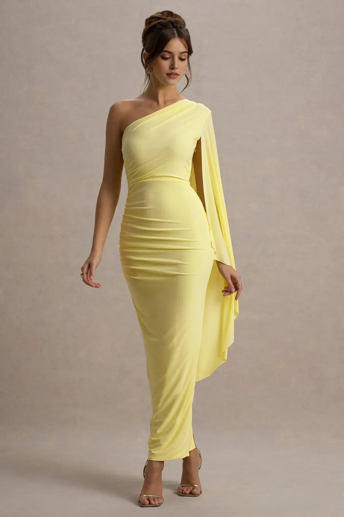 One - Shoulder Prom Dress with Draped Cape Sleeve Ruched Detail and Figure  Hugging Silhouette in Bright Yellow