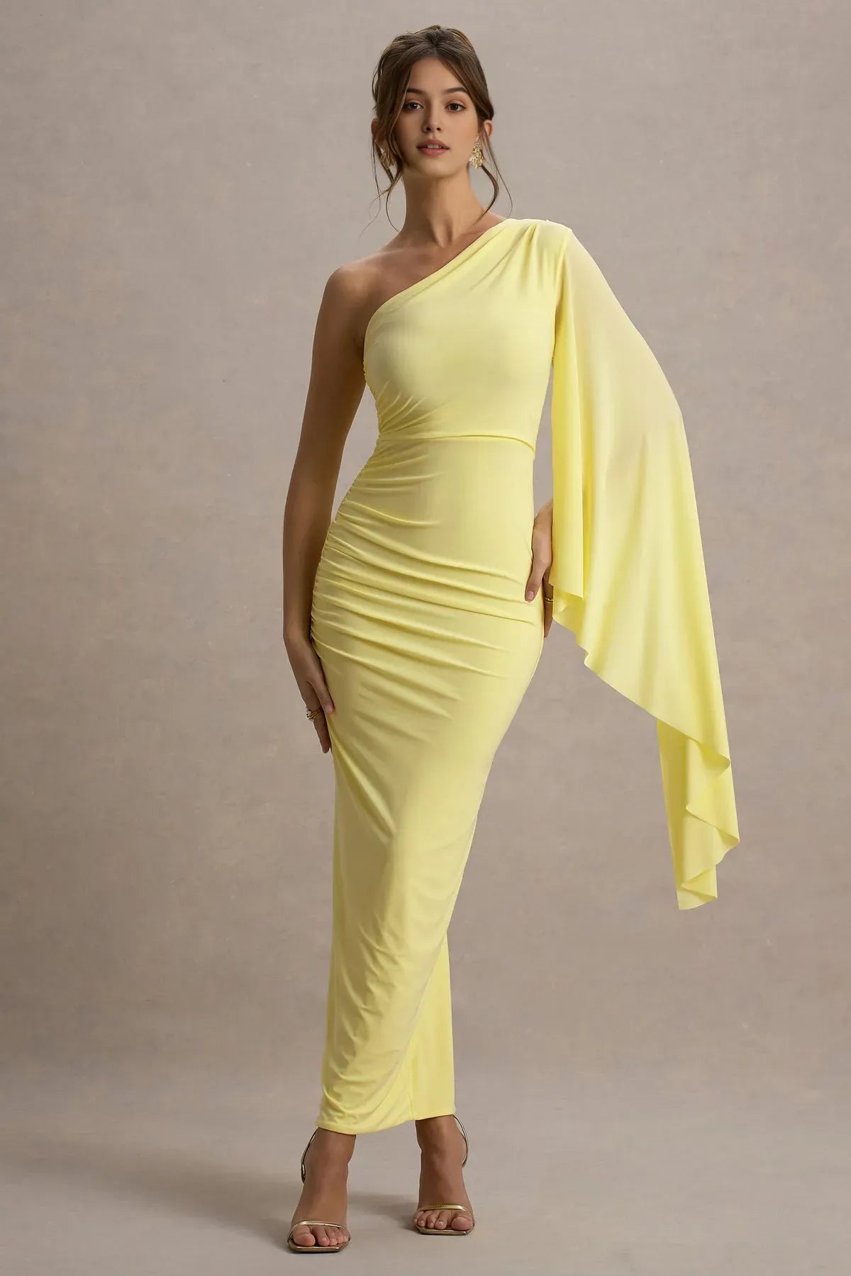 One - Shoulder Prom Dress with Draped Cape Sleeve Ruched Detail and Figure  Hugging Silhouette in Bright Yellow