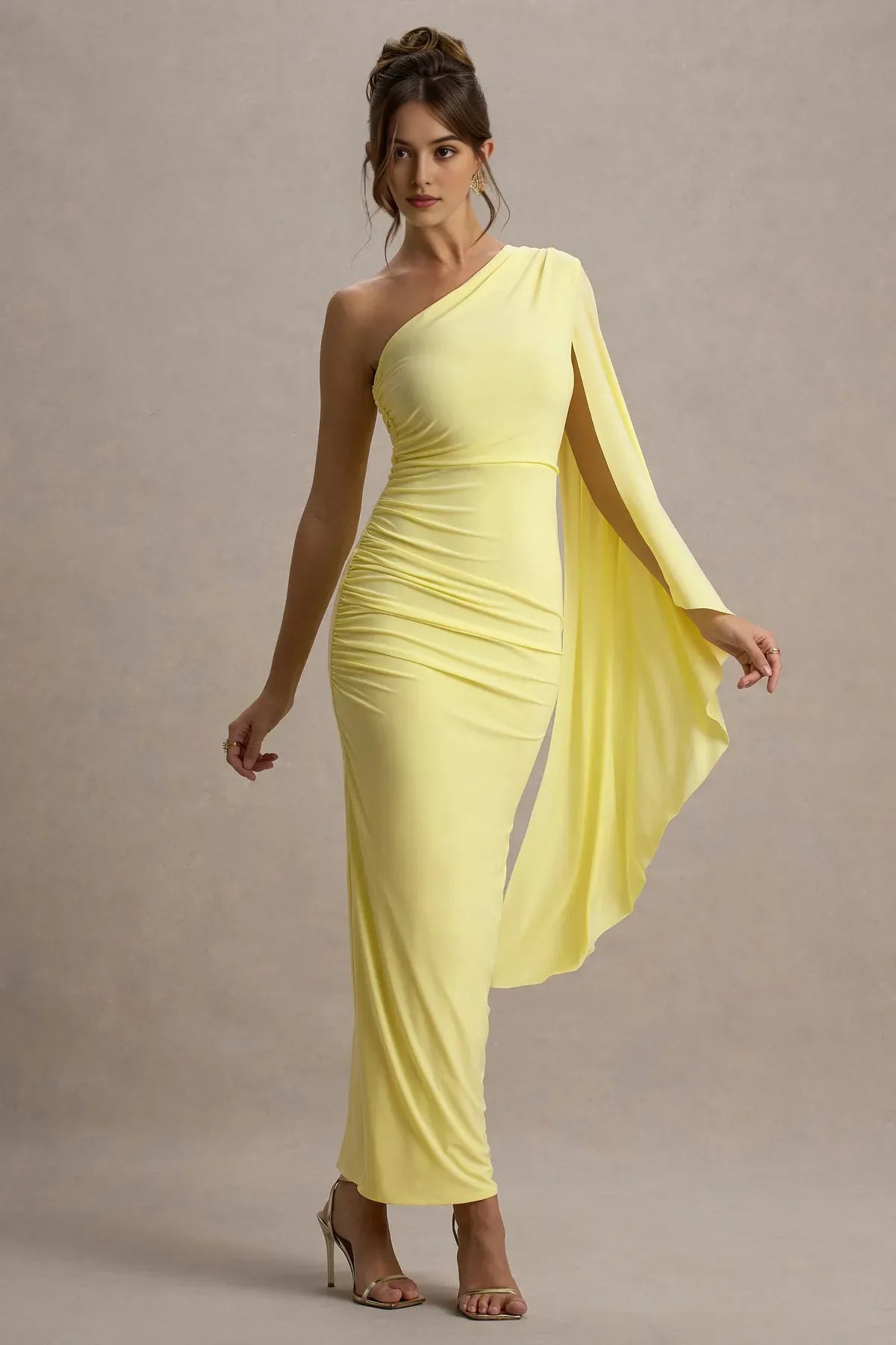 One - Shoulder Prom Dress with Draped Cape Sleeve Ruched Detail and Figure  Hugging Silhouette in Bright Yellow