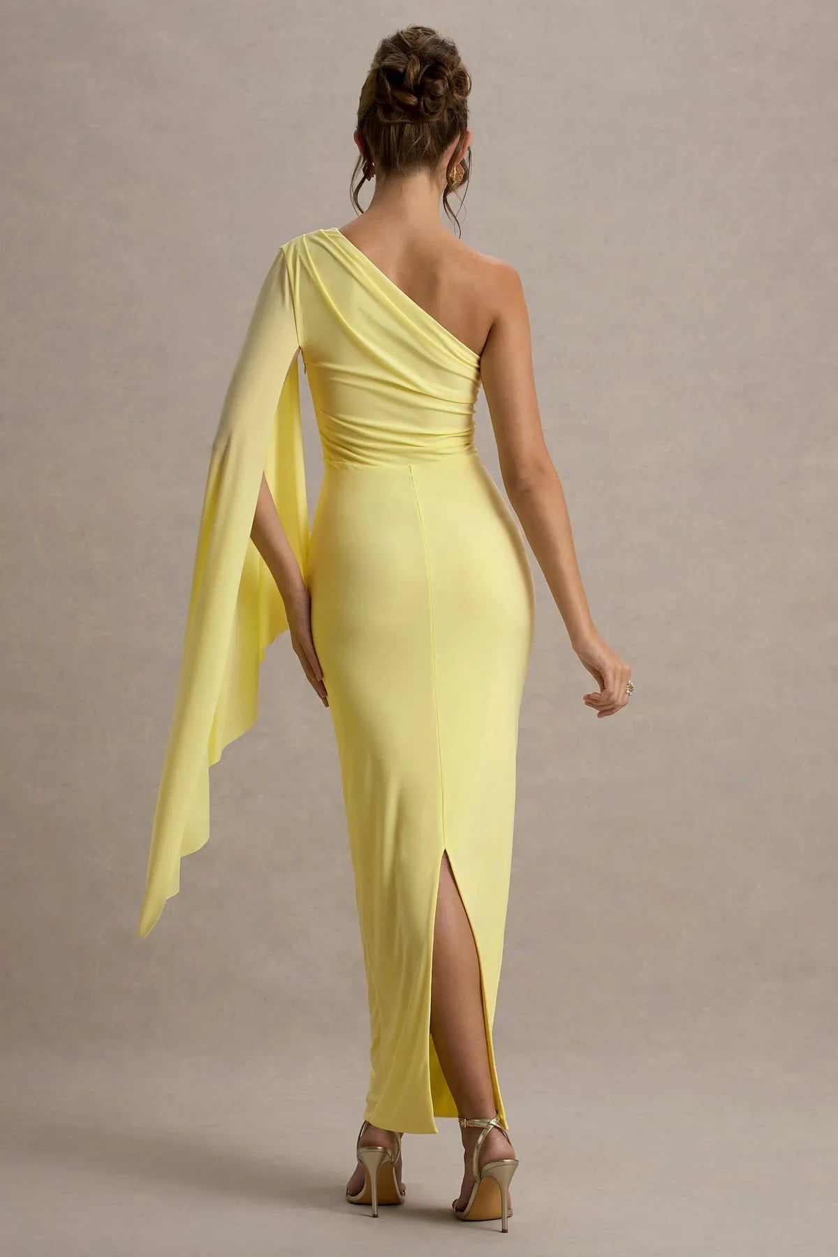 One - Shoulder Prom Dress with Draped Cape Sleeve Ruched Detail and Figure  Hugging Silhouette in Bright Yellow