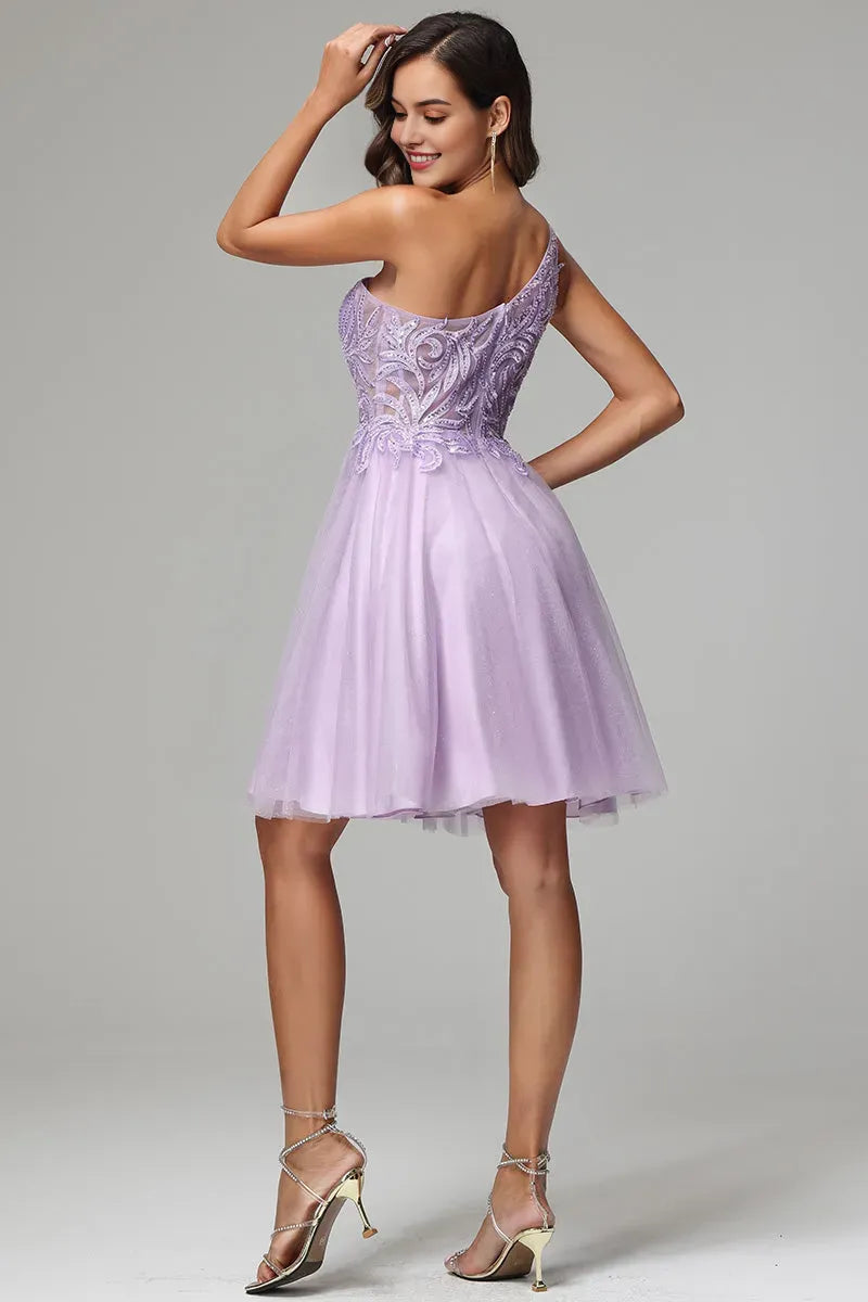 One Shoulder A-line Lilac Short Homecoming Dress with Appliques ﻿