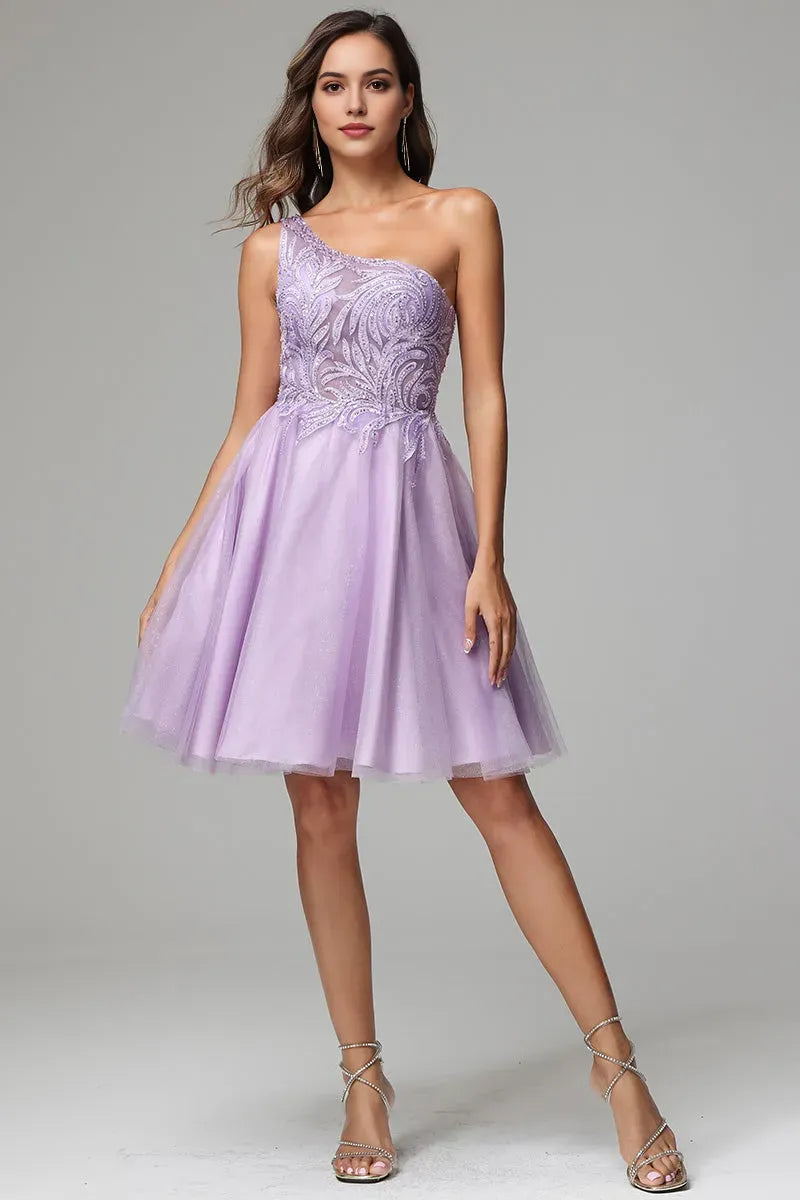 One Shoulder A-line Lilac Short Homecoming Dress with Appliques ﻿
