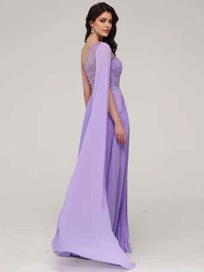 One Shoulder Flowy Sequin Appliqued Chiffon Prom Dress