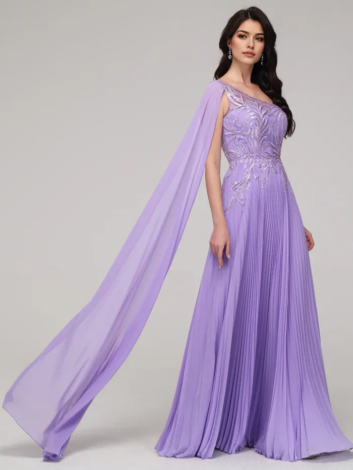 One Shoulder Flowy Sequin Appliqued Chiffon Prom Dress