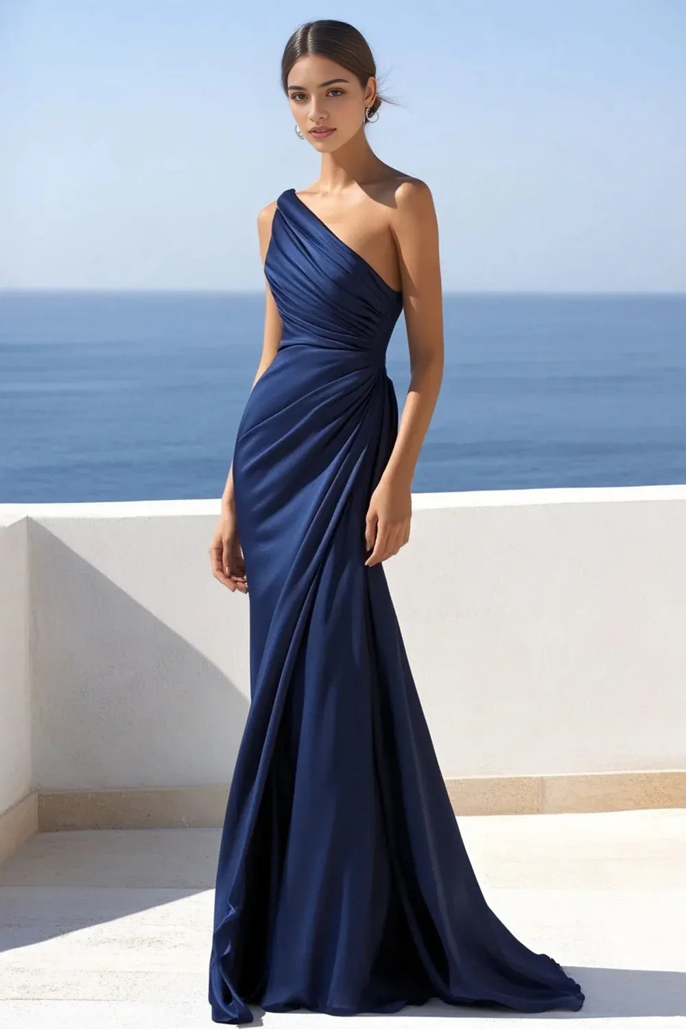 One Shoulder Navy Mermaid Ruched Evening Dresses