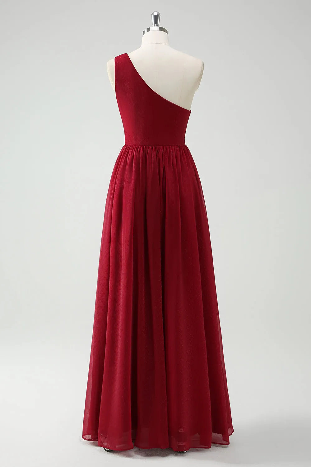 One Shoulder Ruched Burgundy Long Prom Dress with Slit