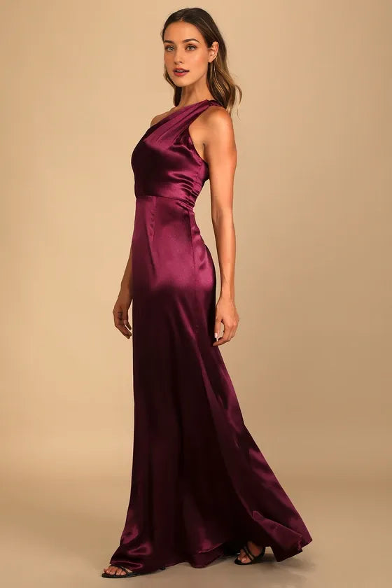On the Guest List Burgundy Satin One-Shoulder Evening Dresses