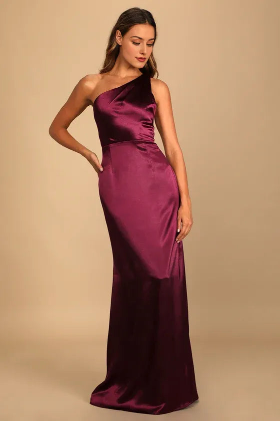 On the Guest List Burgundy Satin One-Shoulder Evening Dresses